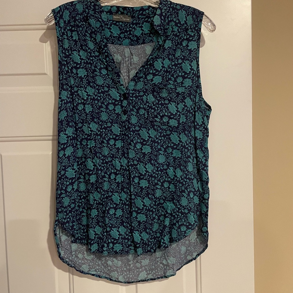 Market & Spruce Teal and Navy Floral Blouse L